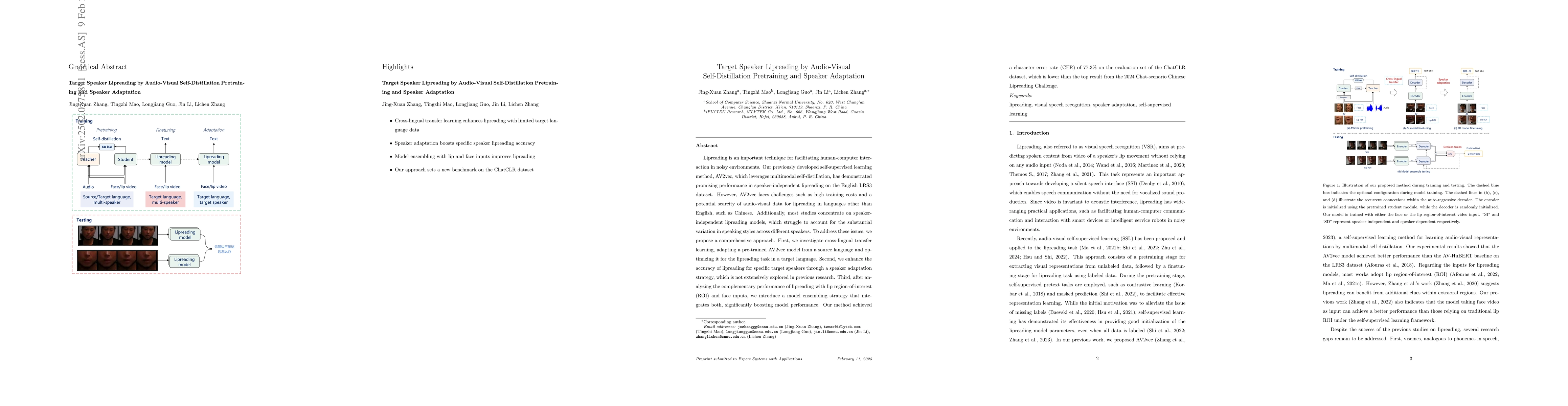 Thumbnail for Target Speaker Lipreading by Audio-Visual Self-Distillation Pretraining
  and Speaker Adaptation