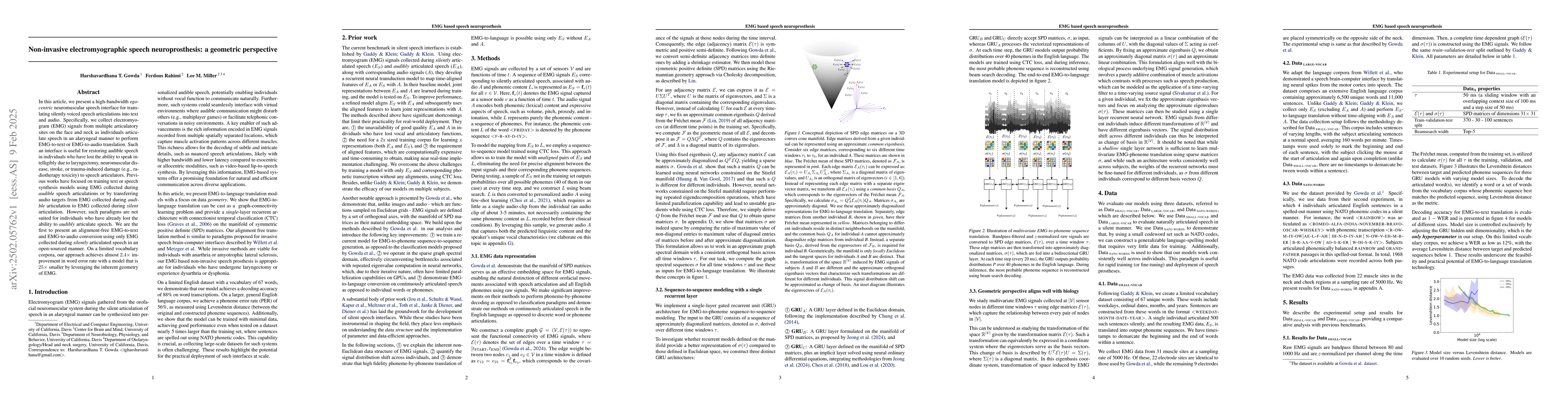 Thumbnail for Non-invasive electromyographic speech neuroprosthesis: a geometric
  perspective