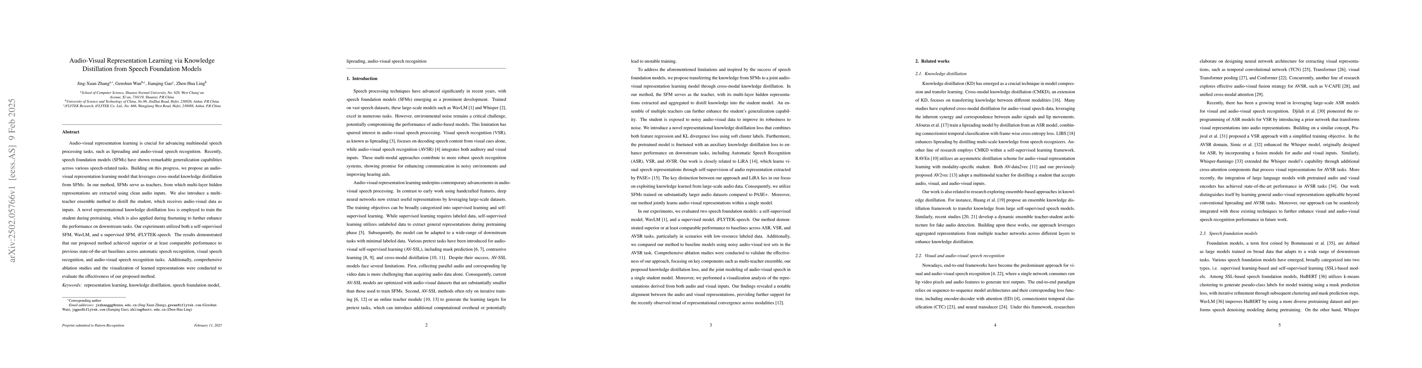 Thumbnail for Audio-Visual Representation Learning via Knowledge Distillation from
  Speech Foundation Models