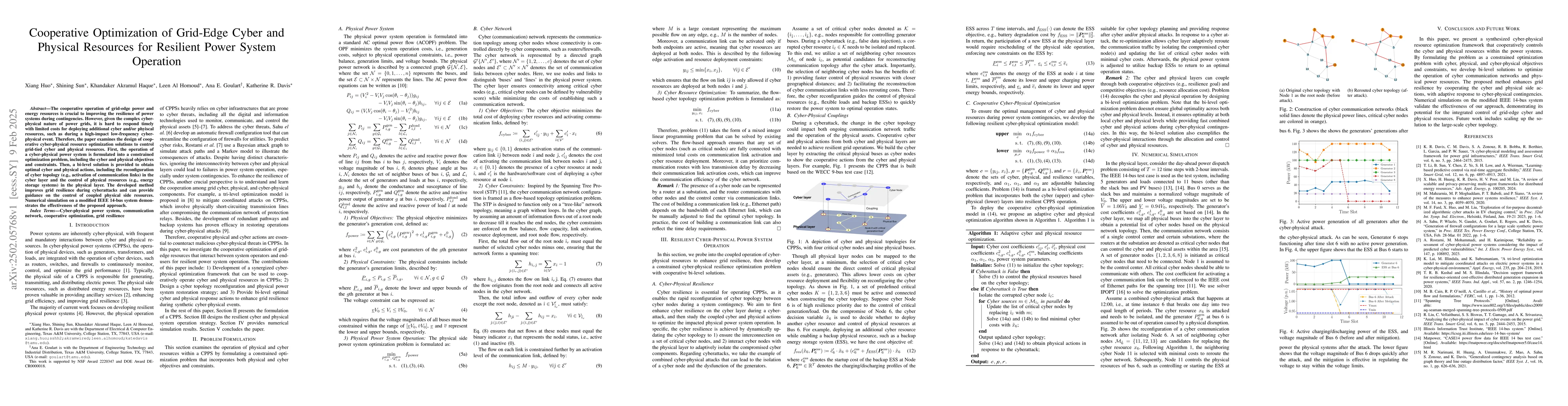 Thumbnail for Cooperative Optimization of Grid-Edge Cyber and Physical Resources for
  Resilient Power System Operation