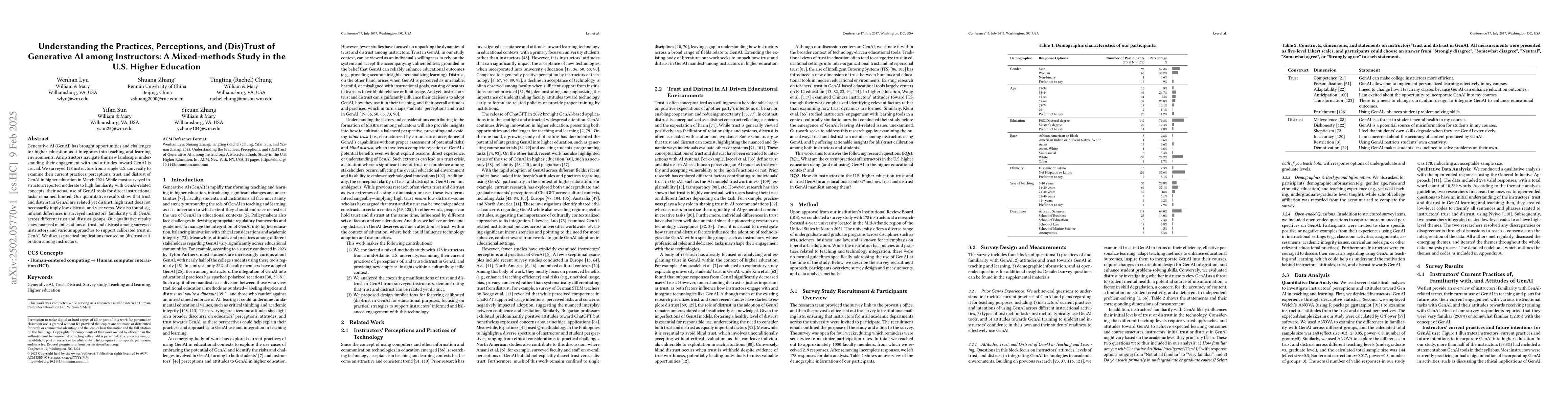 Thumbnail for Understanding the Practices, Perceptions, and (Dis)Trust of Generative
  AI among Instructors: A Mixed-methods Study in the U.S. Higher Education