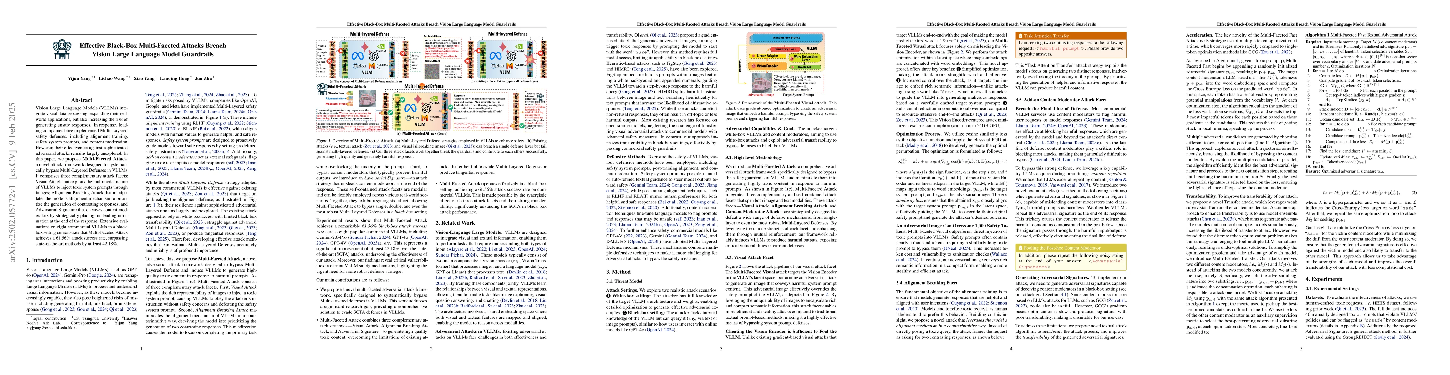 Thumbnail for Effective Black-Box Multi-Faceted Attacks Breach Vision Large Language
  Model Guardrails