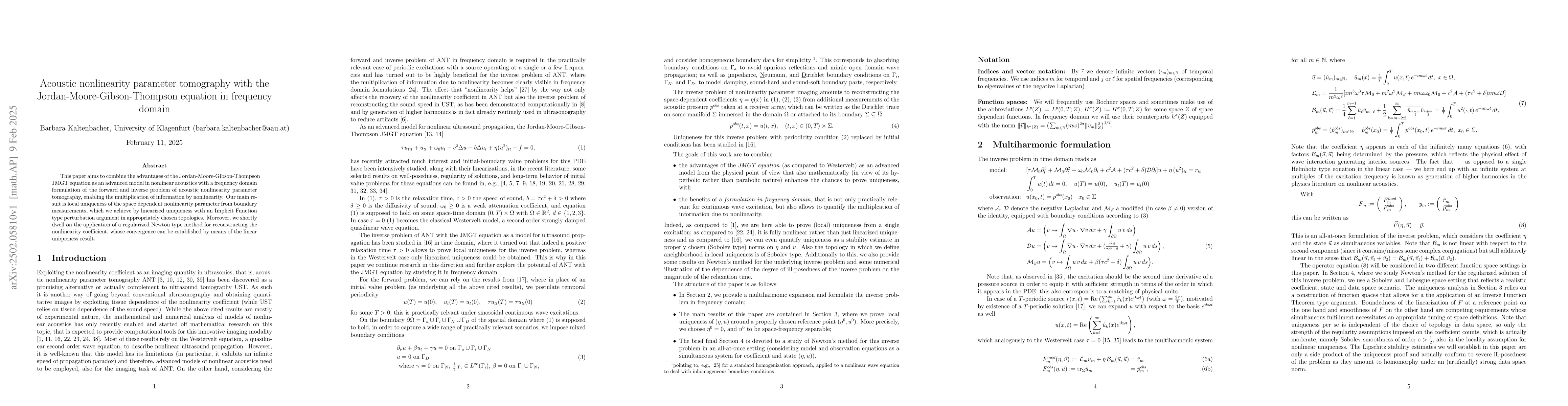 Thumbnail for Acoustic nonlinearity parameter tomography with the
  Jordan-Moore-Gibson-Thompson equation in frequency domain