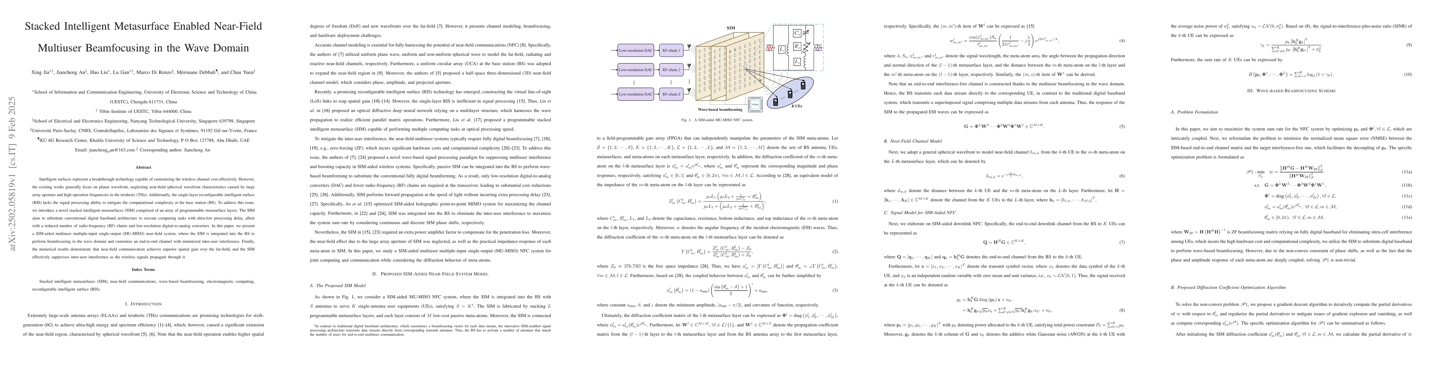 Thumbnail for Stacked Intelligent Metasurface Enabled Near-Field Multiuser
  Beamfocusing in the Wave Domain