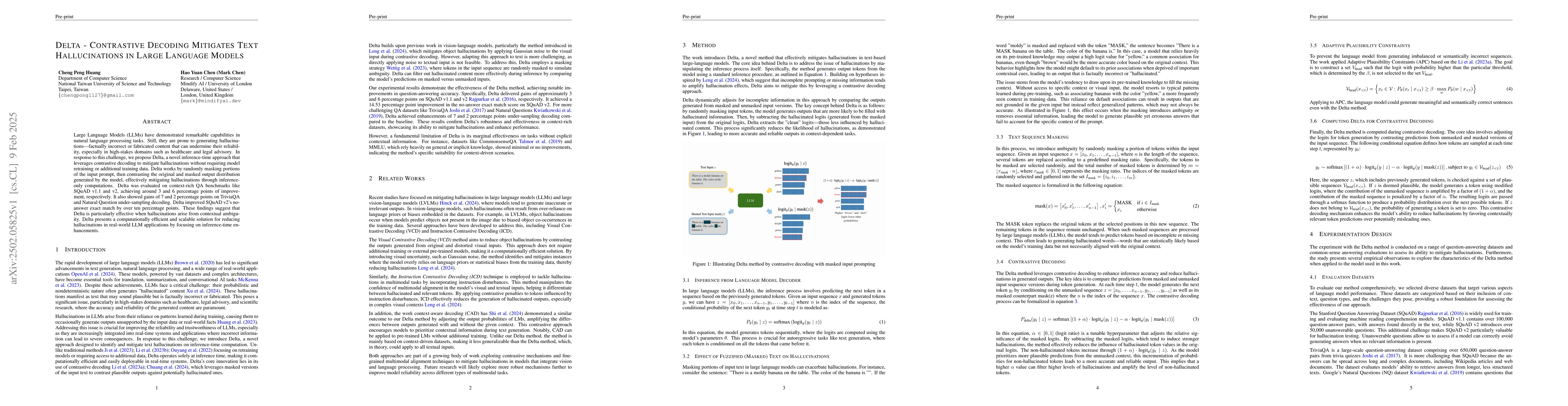 Thumbnail for Delta -- Contrastive Decoding Mitigates Text Hallucinations in Large
  Language Models
