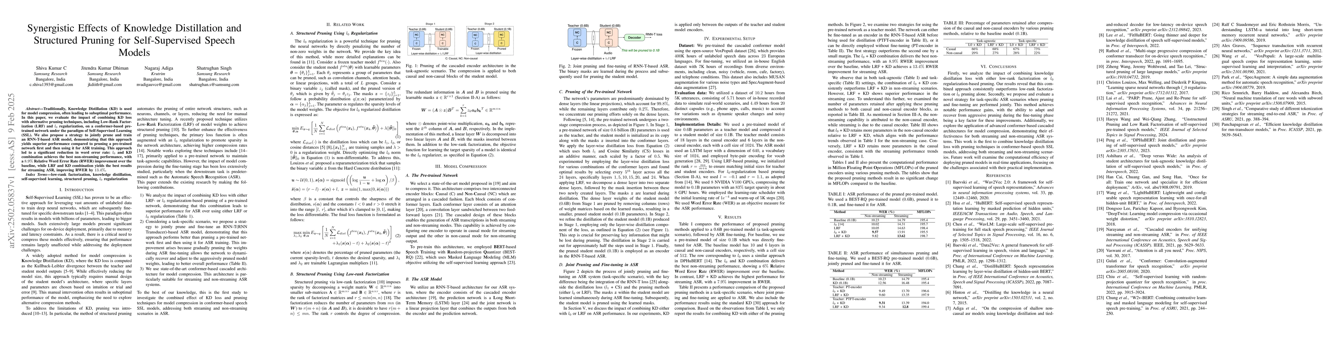 Thumbnail for Synergistic Effects of Knowledge Distillation and Structured Pruning for
  Self-Supervised Speech Models