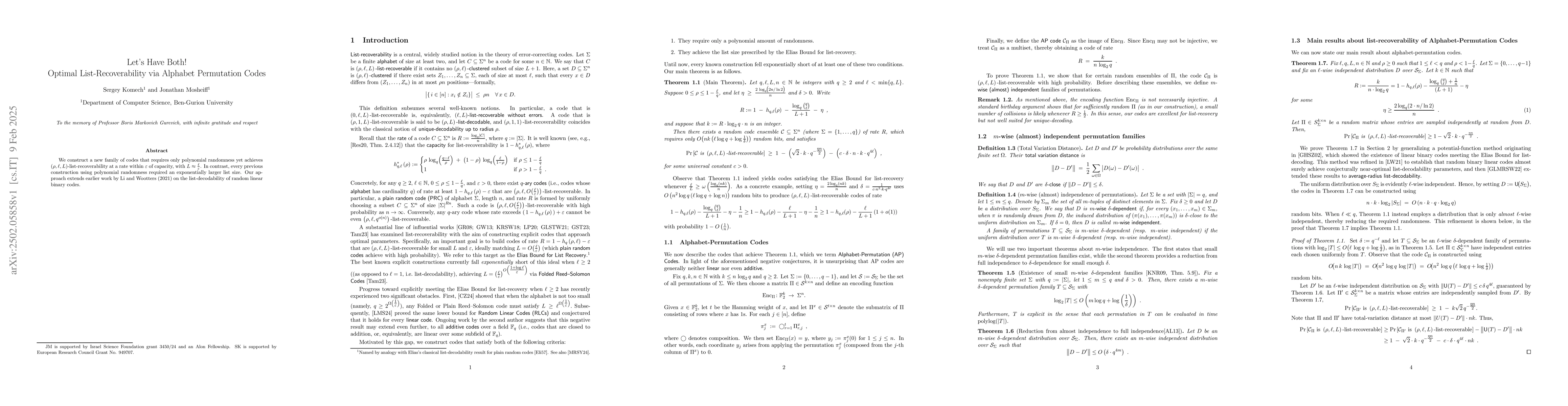 Thumbnail for Let's Have Both! Optimal List-Recoverability via Alphabet Permutation
  Codes