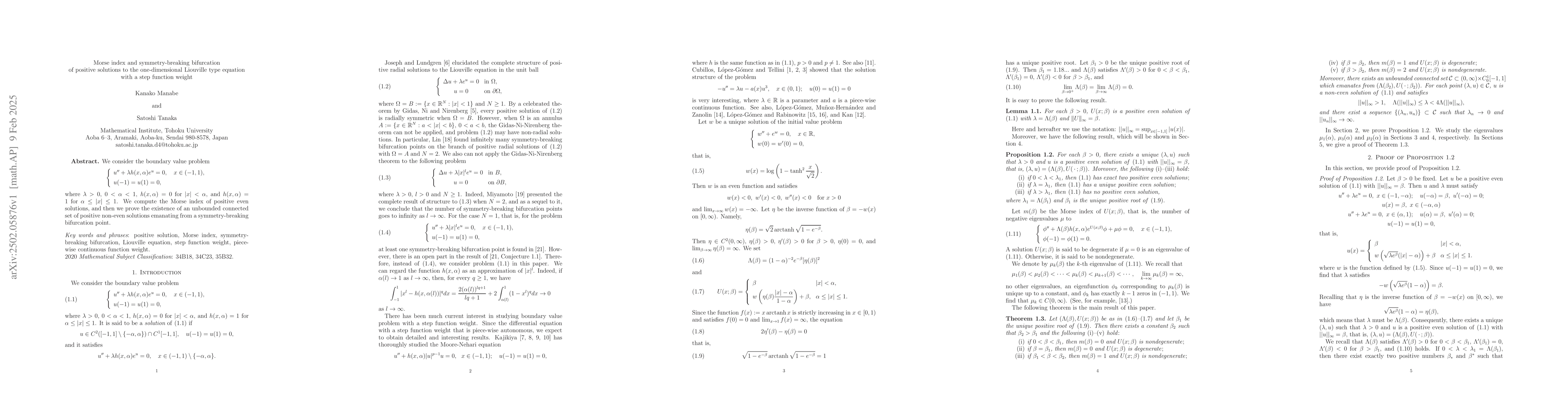 Thumbnail for Morse index and symmetry-breaking bifurcation of positive solutions to
  the one-dimensional Liouville type equation with a step function weight