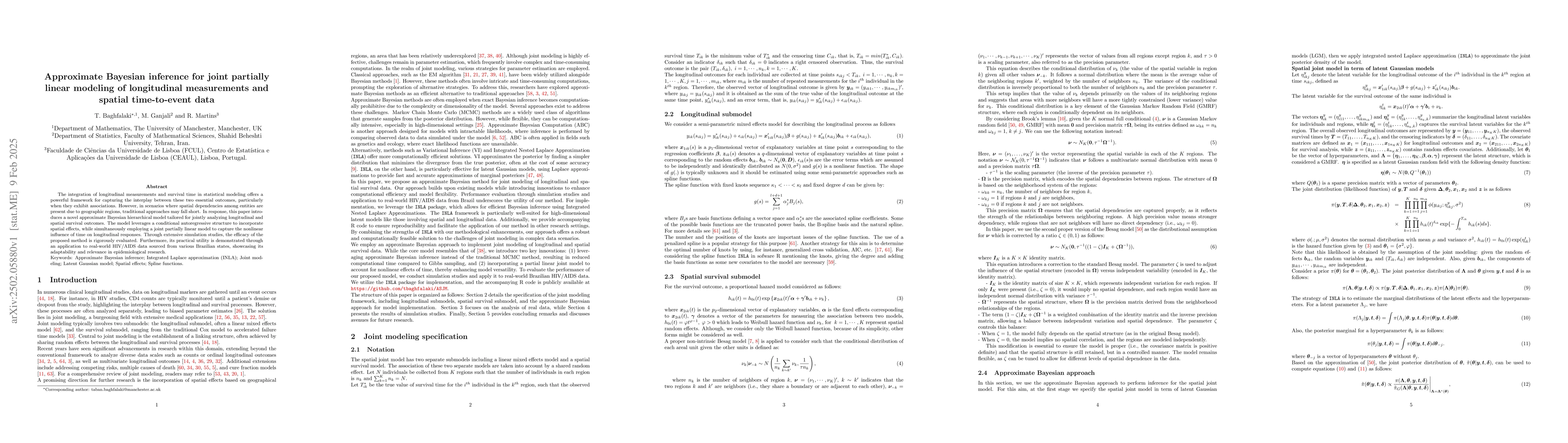 Thumbnail for Approximate Bayesian inference for joint partially linear modeling of
  longitudinal measurements and spatial time-to-event data