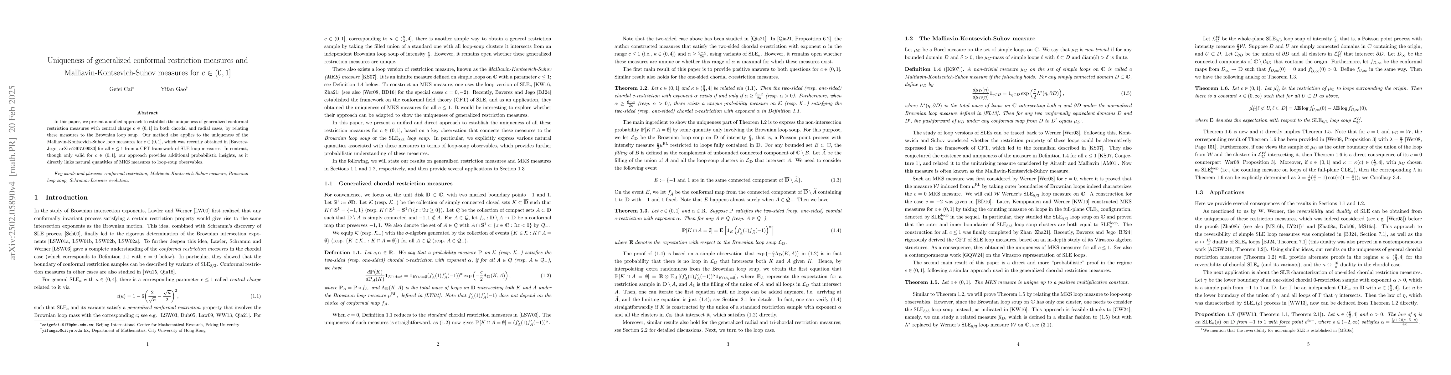 Thumbnail for Uniqueness of generalized conformal restriction measures and
  Malliavin-Kontsevich-Suhov measures for $c \in (0,1]$