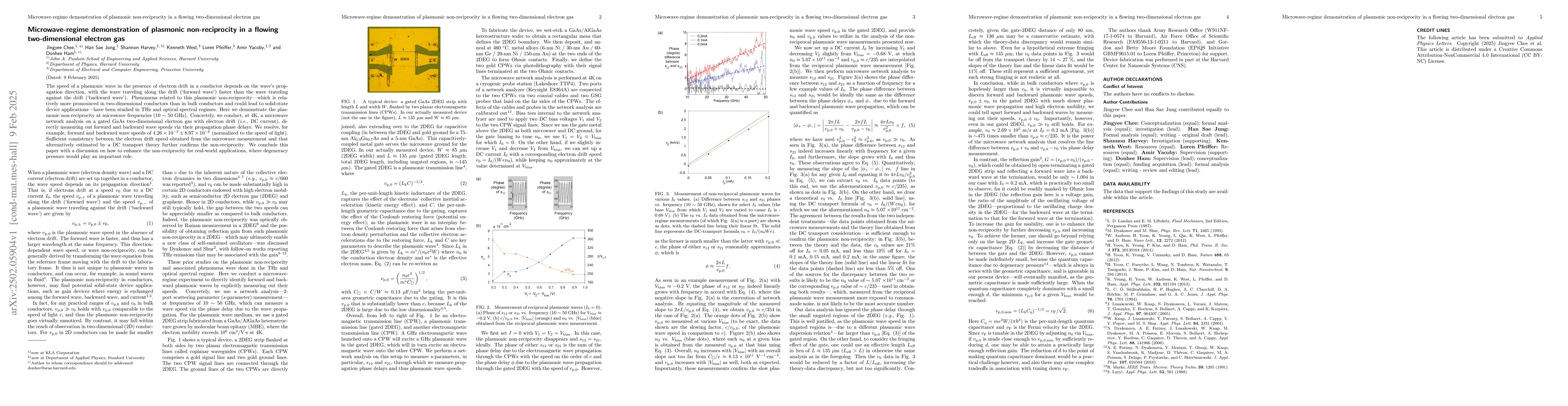 Thumbnail for Microwave-regime demonstration of plasmonic non-reciprocity in a flowing
  two-dimensional electron gas