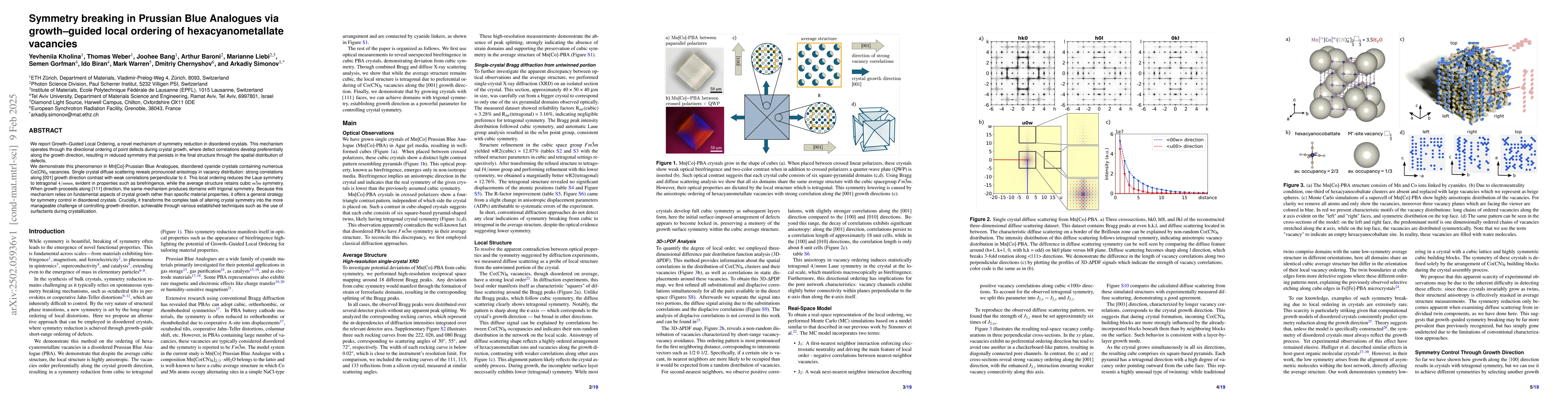 Thumbnail for Symmetry breaking in Prussian Blue Analogues via growth--guided local
  ordering of hexacyanometallate vacancies