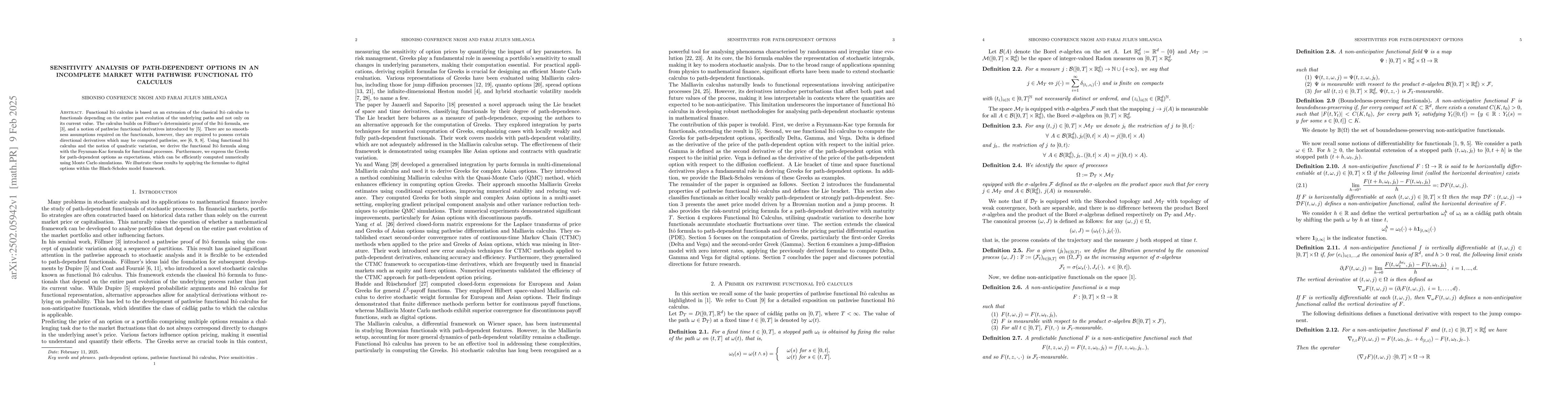 Thumbnail for Sensitivity analysis of path-dependent options in an incomplete market
  with pathwise functional Ito calculus