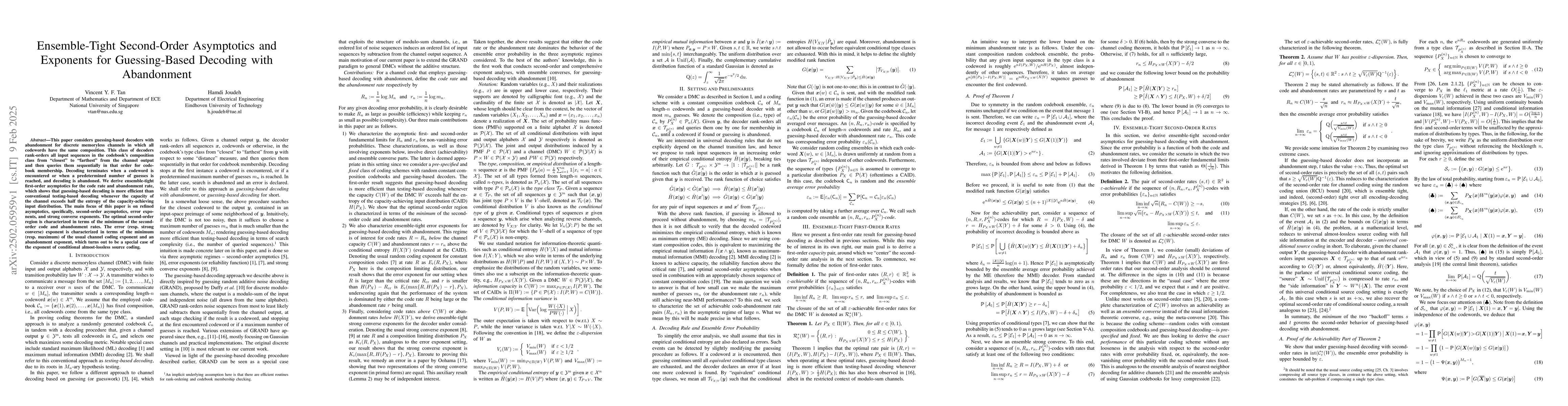 Thumbnail for Ensemble-Tight Second-Order Asymptotics and Exponents for Guessing-Based
  Decoding with Abandonment