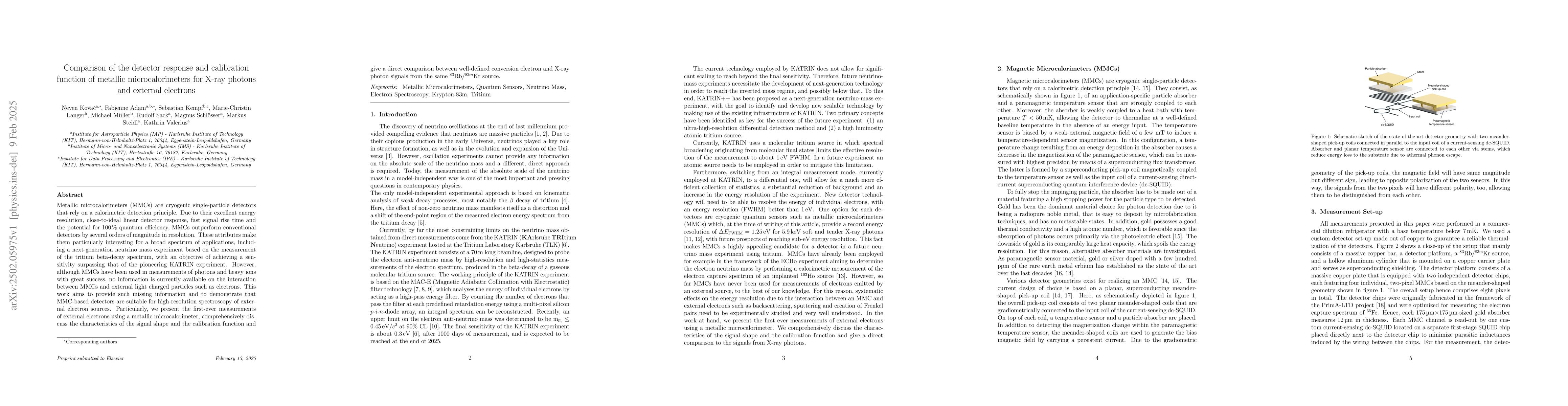 Thumbnail for Comparison of the detector response and calibration function of metallic
  microcalorimeters for X-ray photons and external electrons