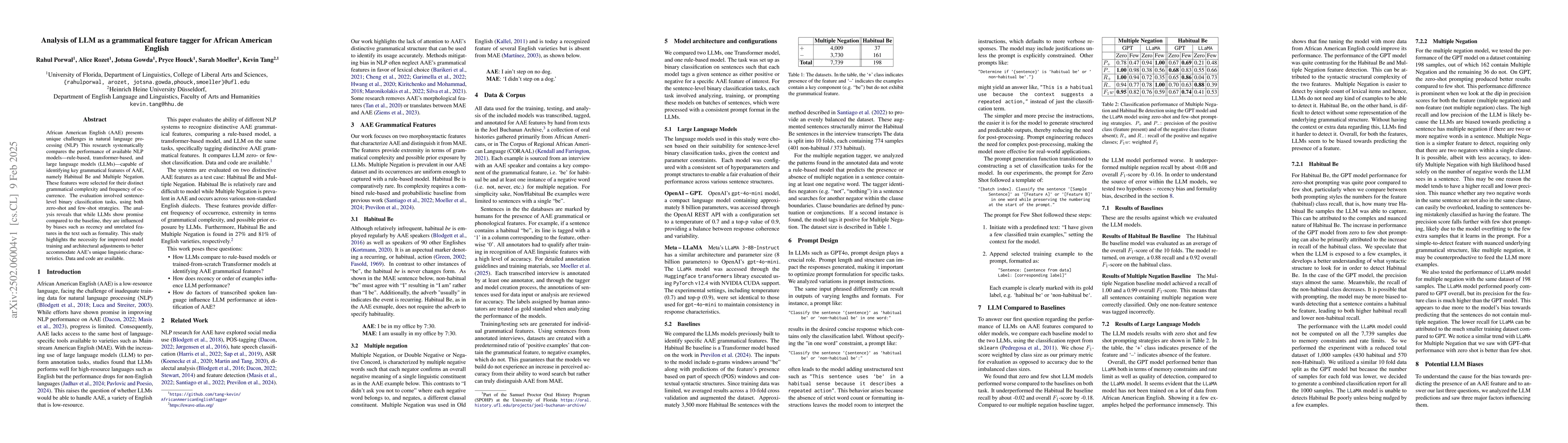 Thumbnail for Analysis of LLM as a grammatical feature tagger for African American
  English
