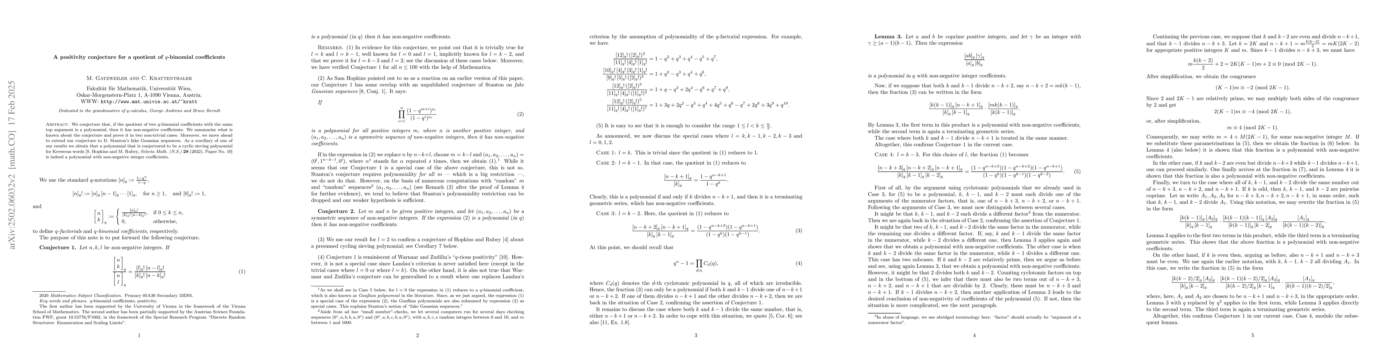 Thumbnail for A positivity conjecture for a quotient of $q$-binomial coefficients
