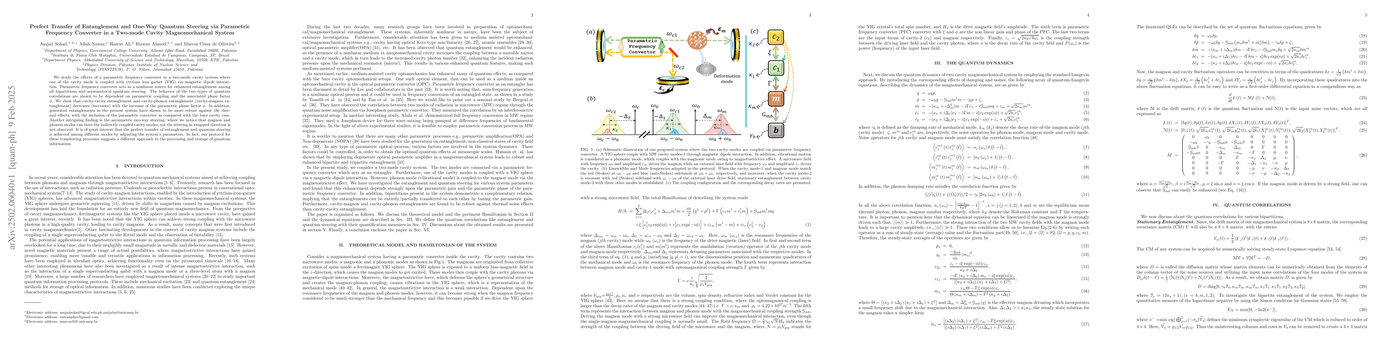Thumbnail for Perfect Transfer of Entanglement and One-Way Quantum Steering via
  Parametric Frequency Converter in a Two-mode Cavity Magnomechanical System