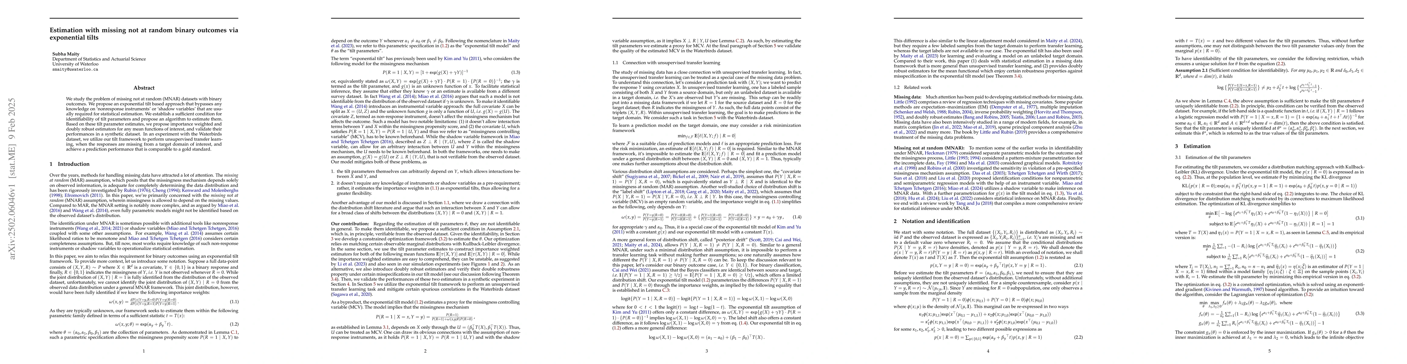 Thumbnail for Estimation with missing not at random binary outcomes via exponential
  tilts