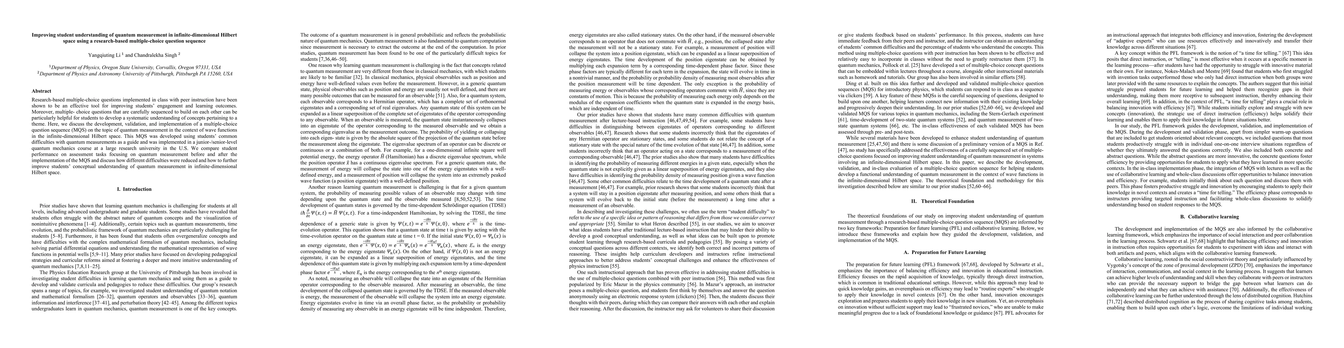Thumbnail for Improving student understanding of quantum measurement in
  infinite-dimensional Hilbert space using a research-based multiple-choice
  question sequence