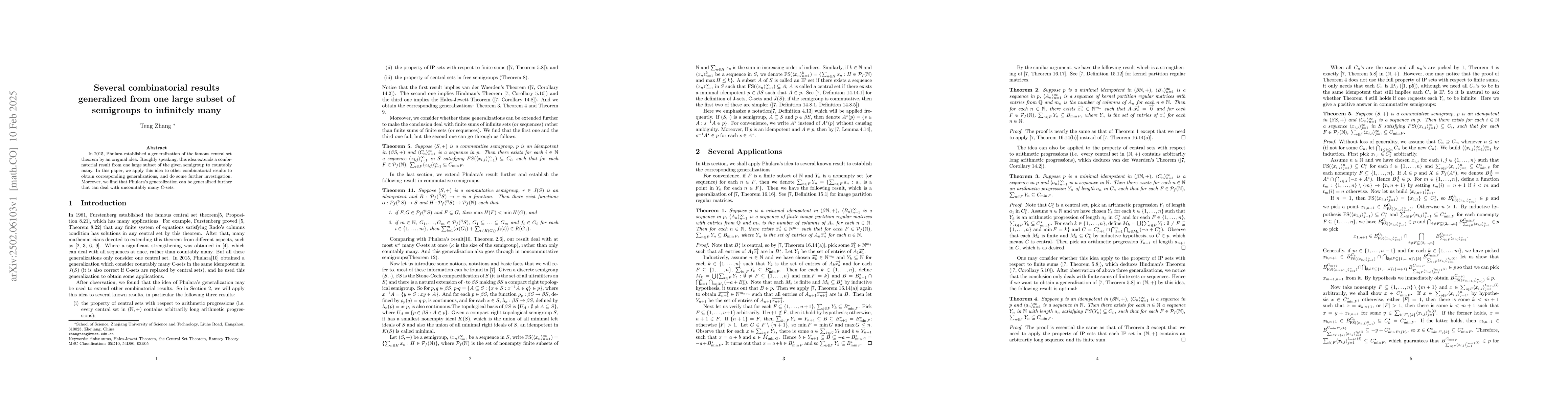 Thumbnail for Several combinatorial results generalized from one large subset of
  semigroups to infinitely many