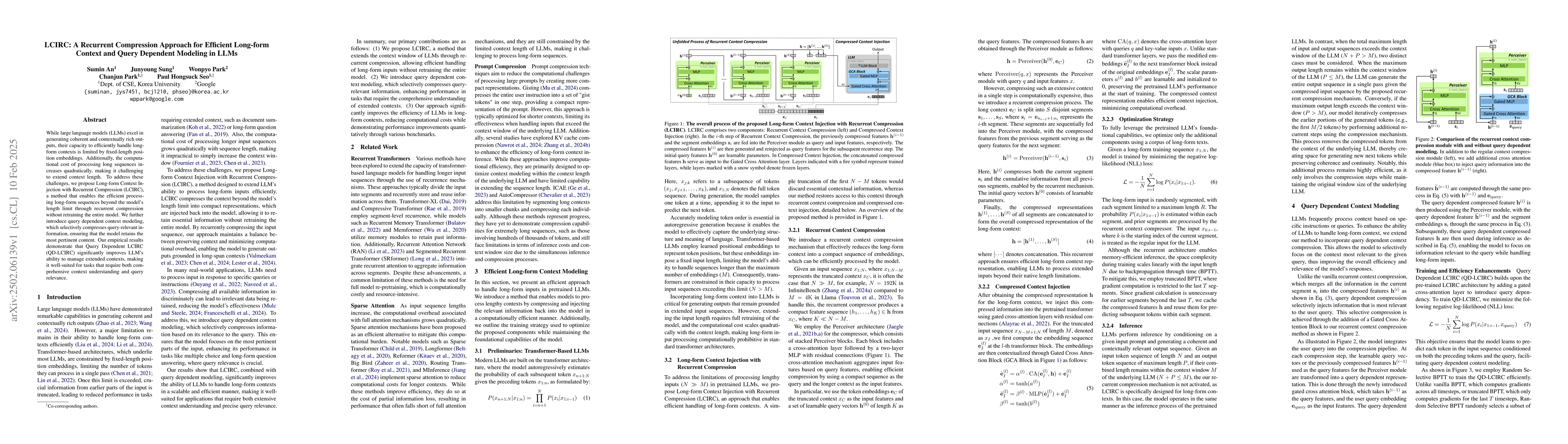 Thumbnail for LCIRC: A Recurrent Compression Approach for Efficient Long-form Context
  and Query Dependent Modeling in LLMs