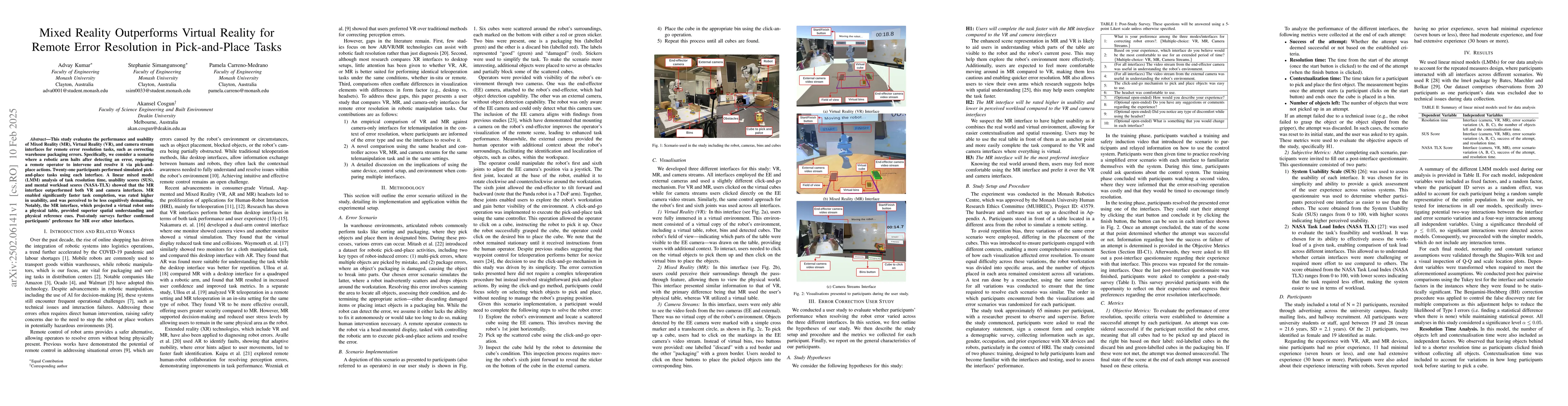 Thumbnail for Mixed Reality Outperforms Virtual Reality for Remote Error Resolution in
  Pick-and-Place Tasks