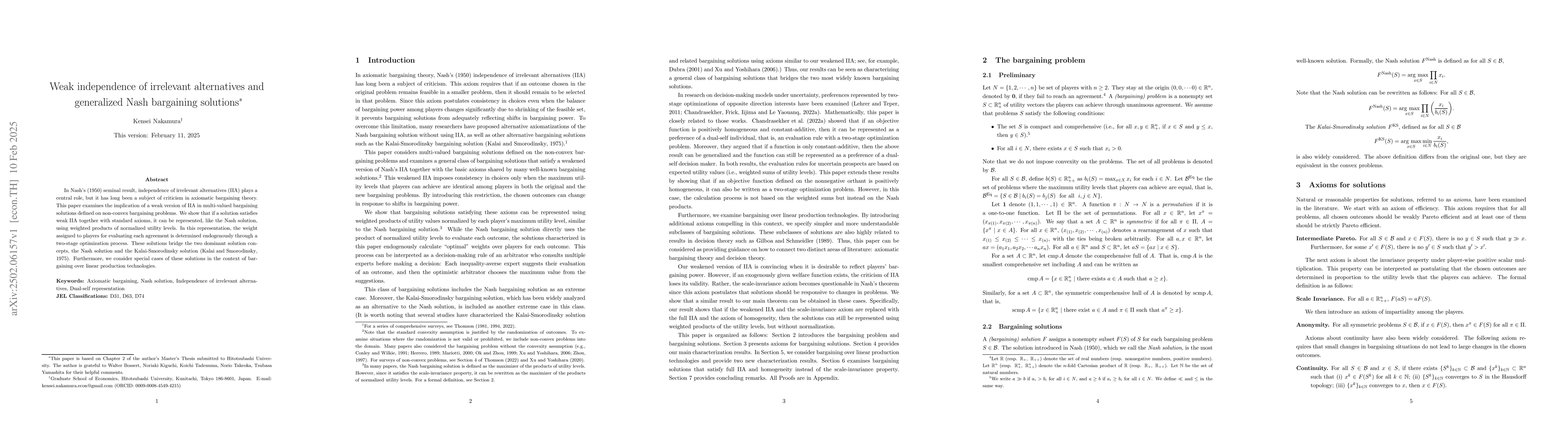 Thumbnail for Weak independence of irrelevant alternatives and generalized Nash
  bargaining solutions
