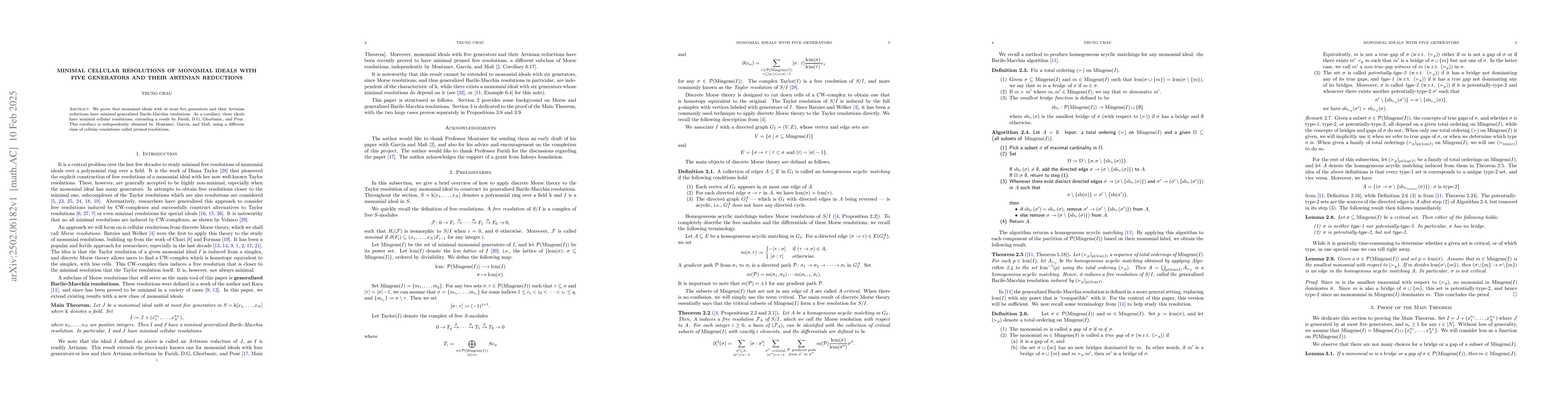Thumbnail for Minimal cellular resolutions of monomial ideals with five generators and
  their Artinian reductions