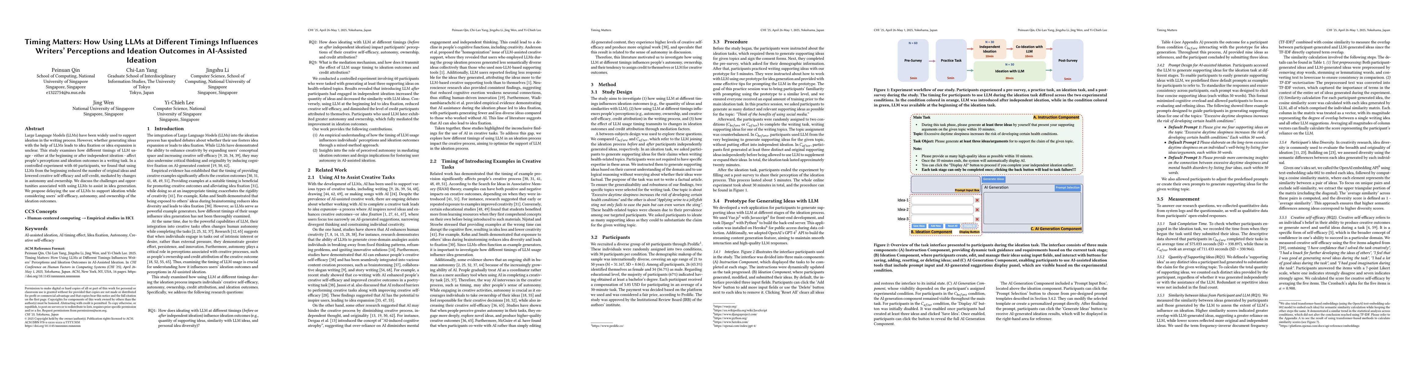 Thumbnail for Timing Matters: How Using LLMs at Different Timings Influences Writers'
  Perceptions and Ideation Outcomes in AI-Assisted Ideation