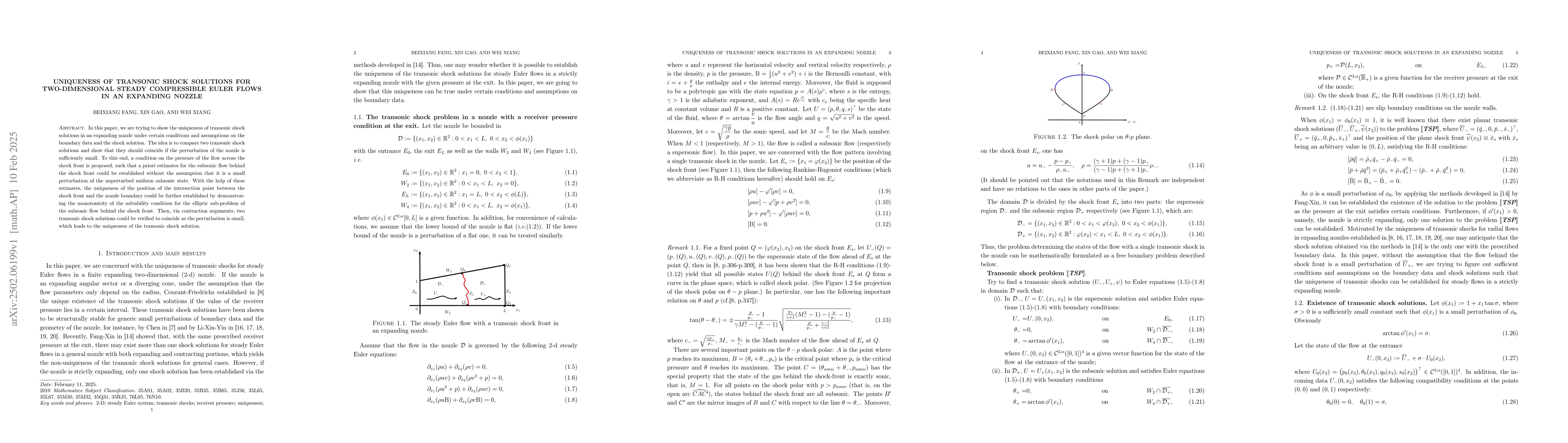 Thumbnail for Uniqueness of Transonic Shock Solutions for Two-Dimensional Steady
  Compressible Euler Flows in an Expanding Nozzle