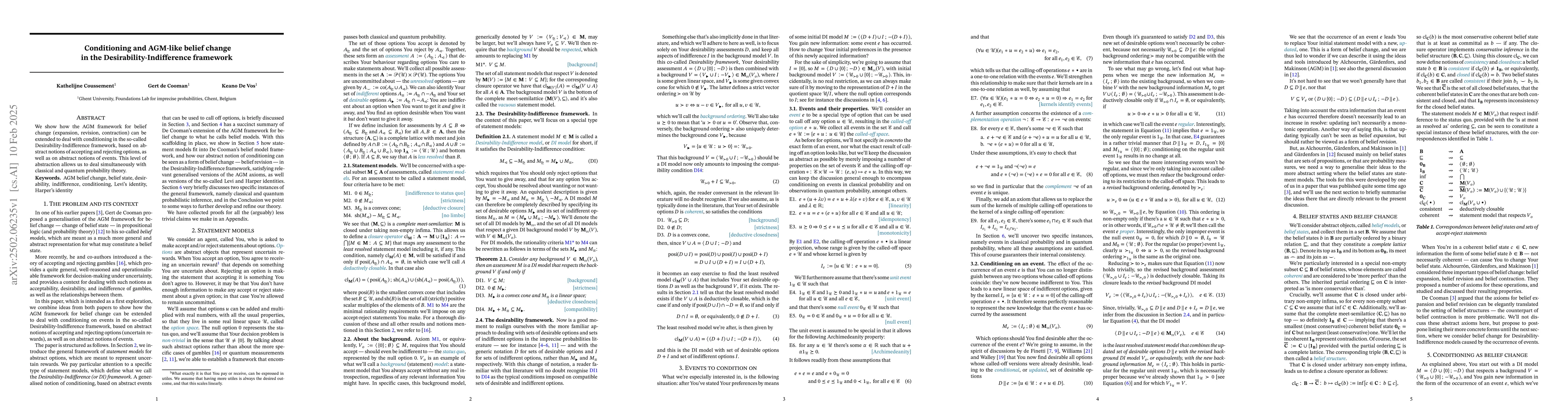 Thumbnail for Conditioning and AGM-like belief change in the Desirability-Indifference
  framework