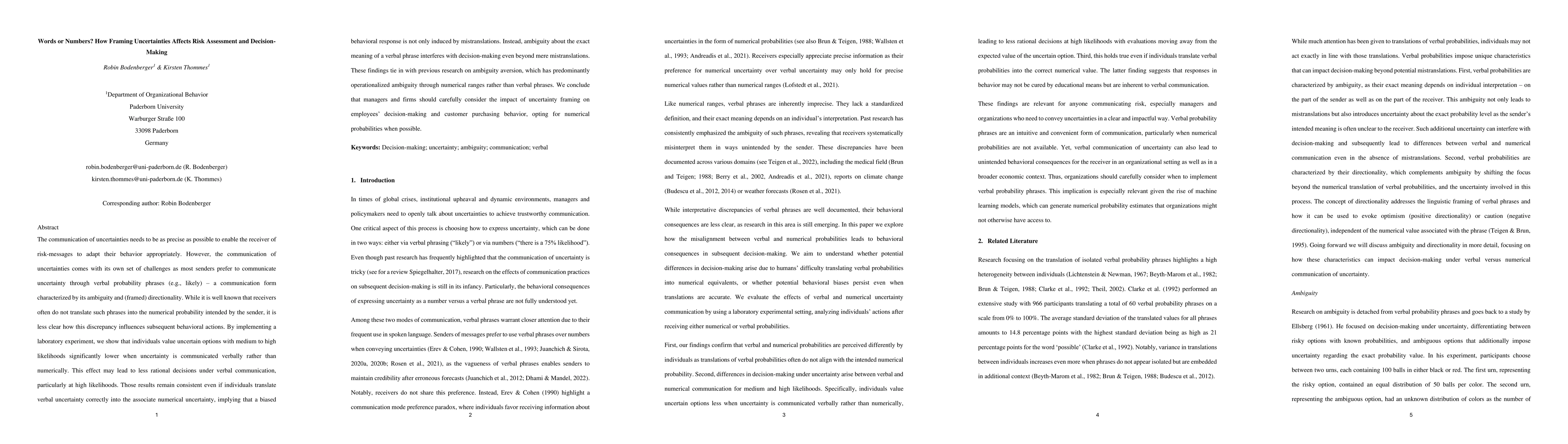 Thumbnail for Words or Numbers? How Framing Uncertainties Affects Risk Assessment and
  Decision-Making