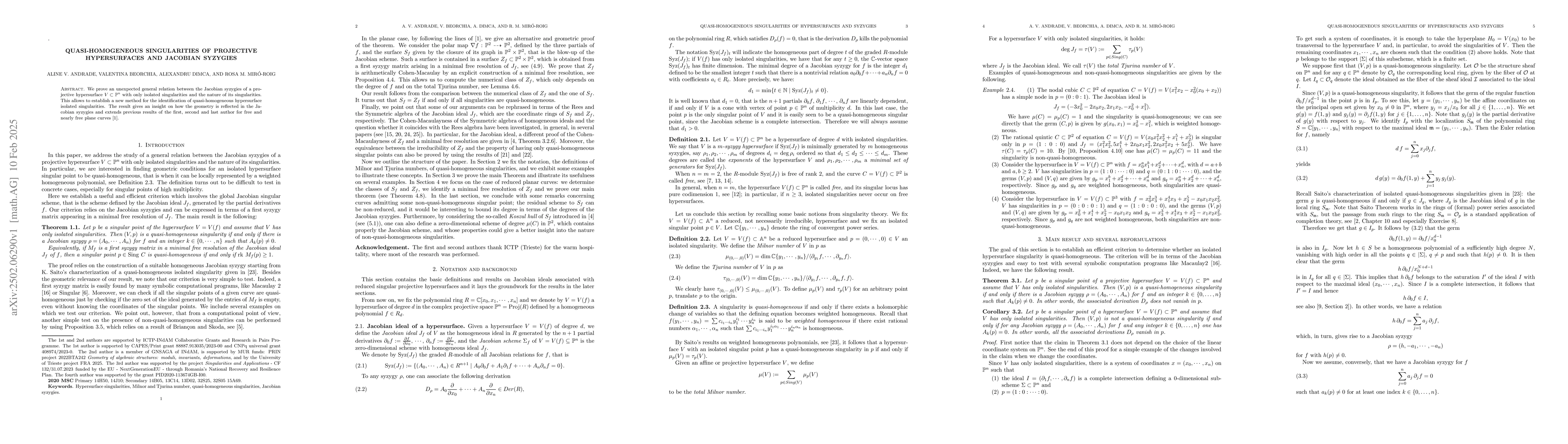Thumbnail for Quasi-homogeneous singularities of projective hypersurfaces and Jacobian
  syzygies