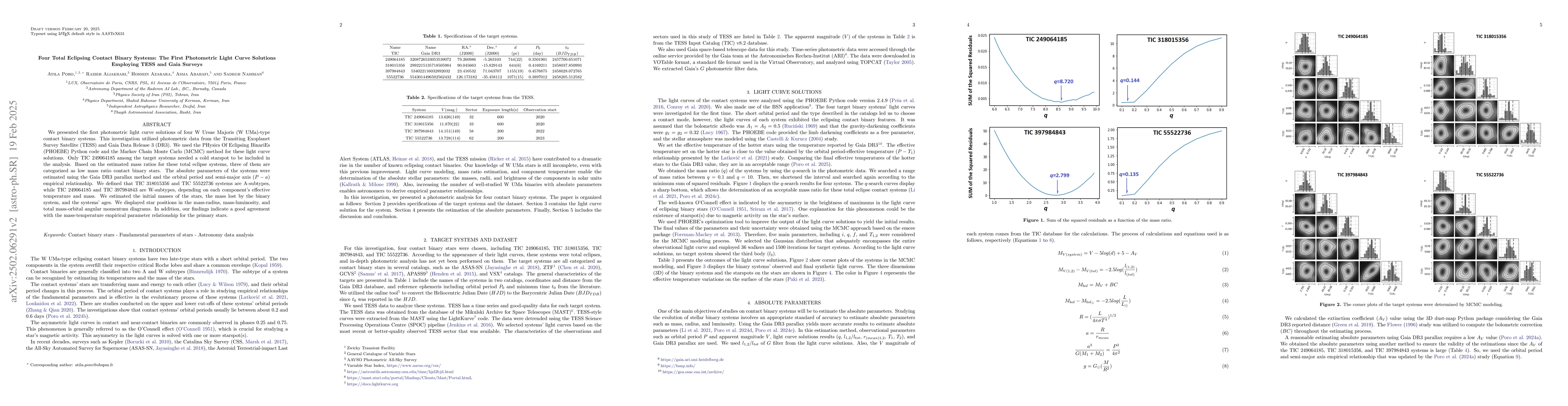 Thumbnail for Four Total Eclipsing Contact Binary Systems: The First Photometric Light
  Curve Solutions Employing TESS and Gaia Surveys