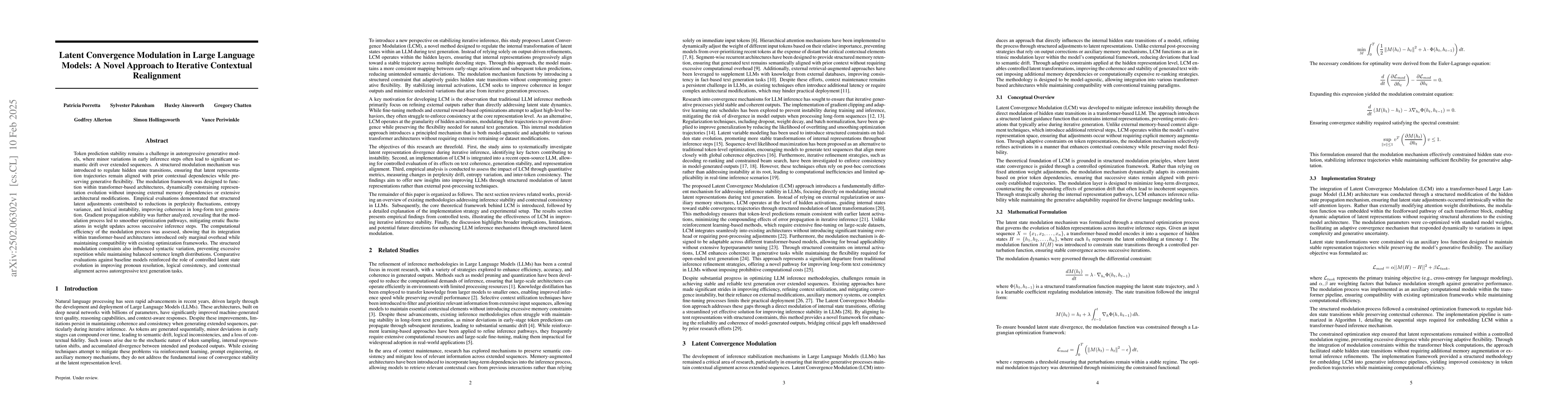 Thumbnail for Latent Convergence Modulation in Large Language Models: A Novel Approach
  to Iterative Contextual Realignment