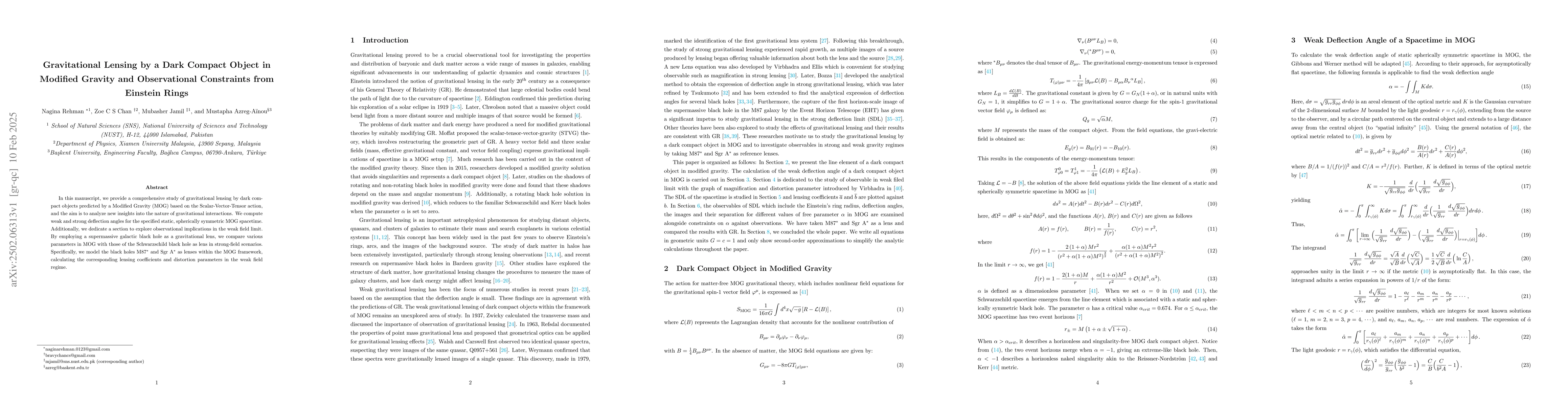 Thumbnail for Gravitational Lensing by a Dark Compact Object in Modified Gravity and
  Observational Constraints from Einstein Rings