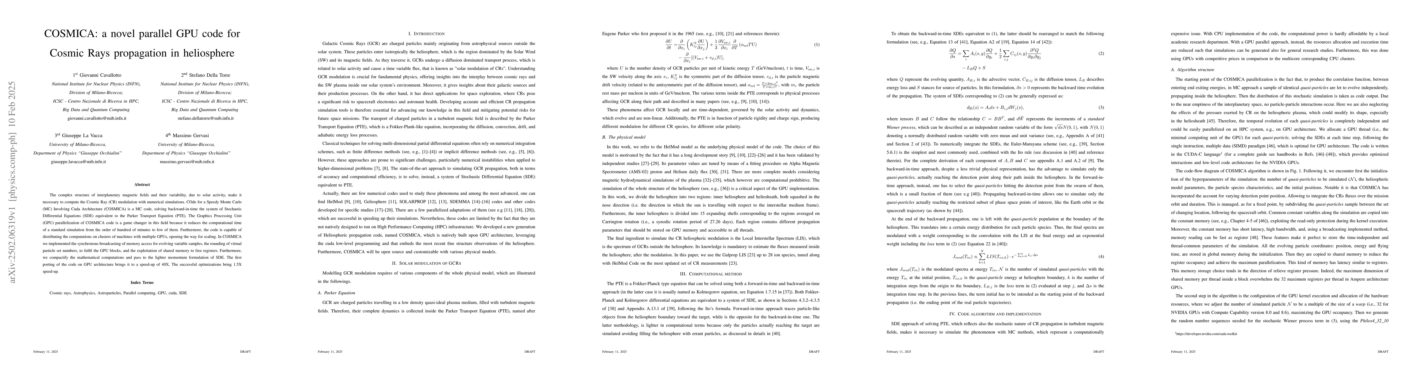 Thumbnail for COSMICA: a novel parallel GPU code for Cosmic Rays propagation in
  heliosphere
