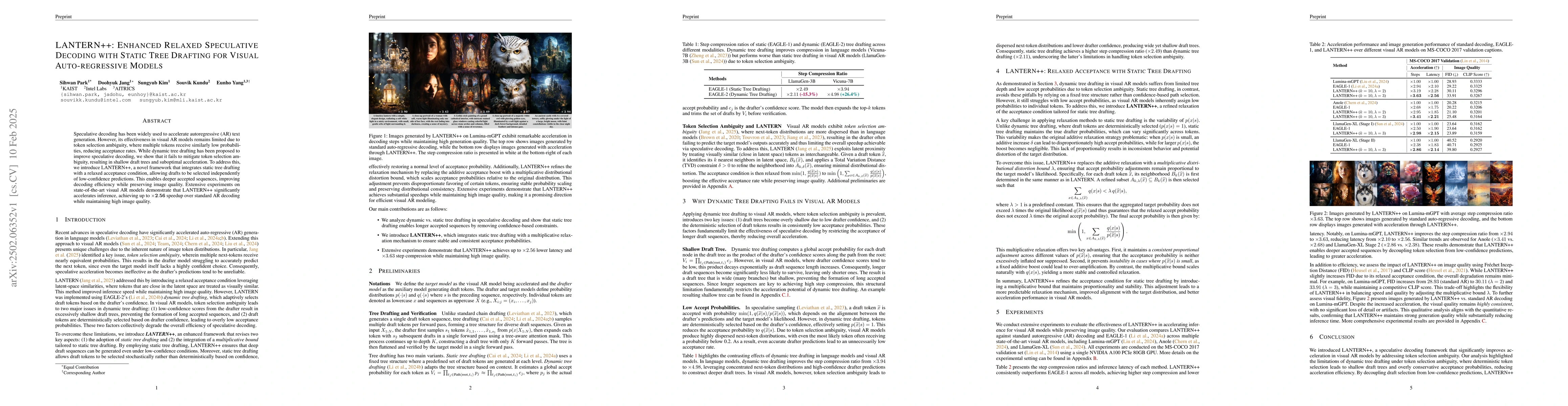 Thumbnail for LANTERN++: Enhanced Relaxed Speculative Decoding with Static Tree
  Drafting for Visual Auto-regressive Models