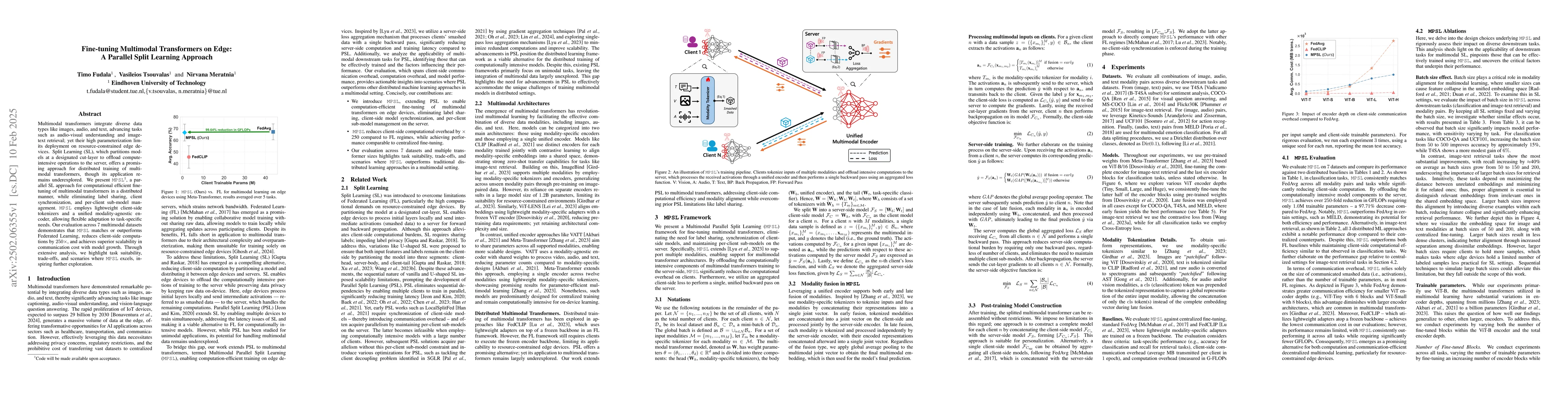 Thumbnail for Fine-tuning Multimodal Transformers on Edge: A Parallel Split Learning
  Approach