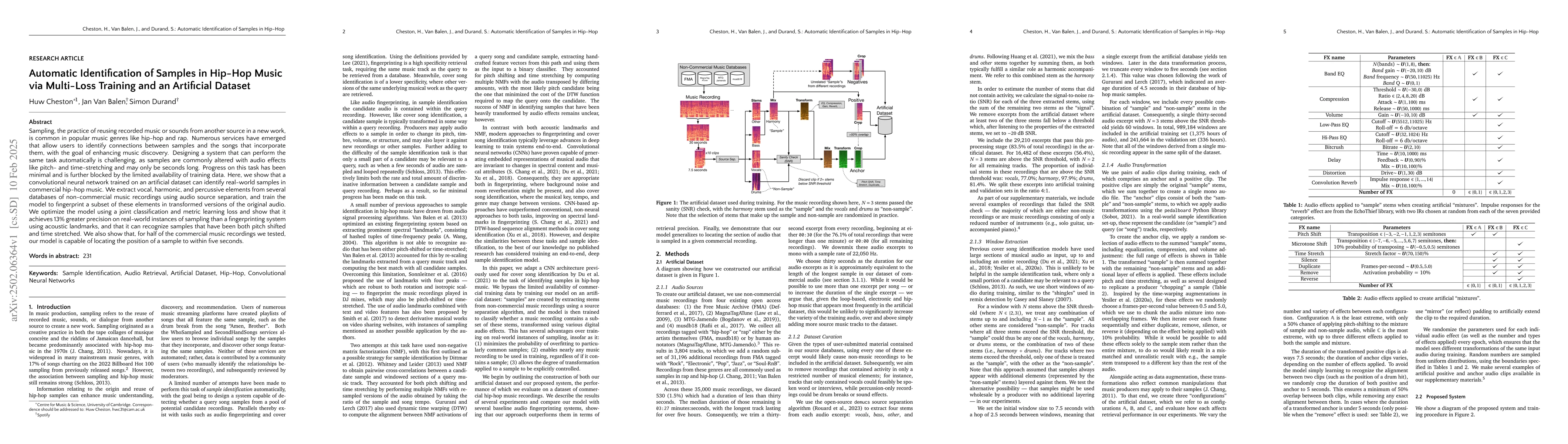 Thumbnail for Automatic Identification of Samples in Hip-Hop Music via Multi-Loss
  Training and an Artificial Dataset