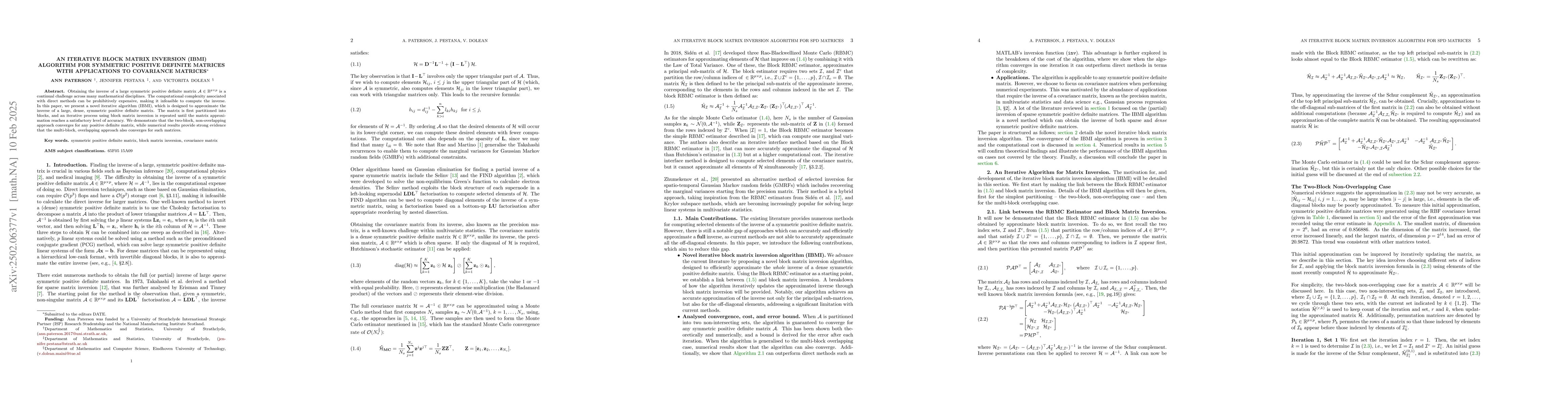 Thumbnail for An Iterative Block Matrix Inversion (IBMI) Algorithm for Symmetric
  Positive Definite Matrices with Applications to Covariance Matrices
