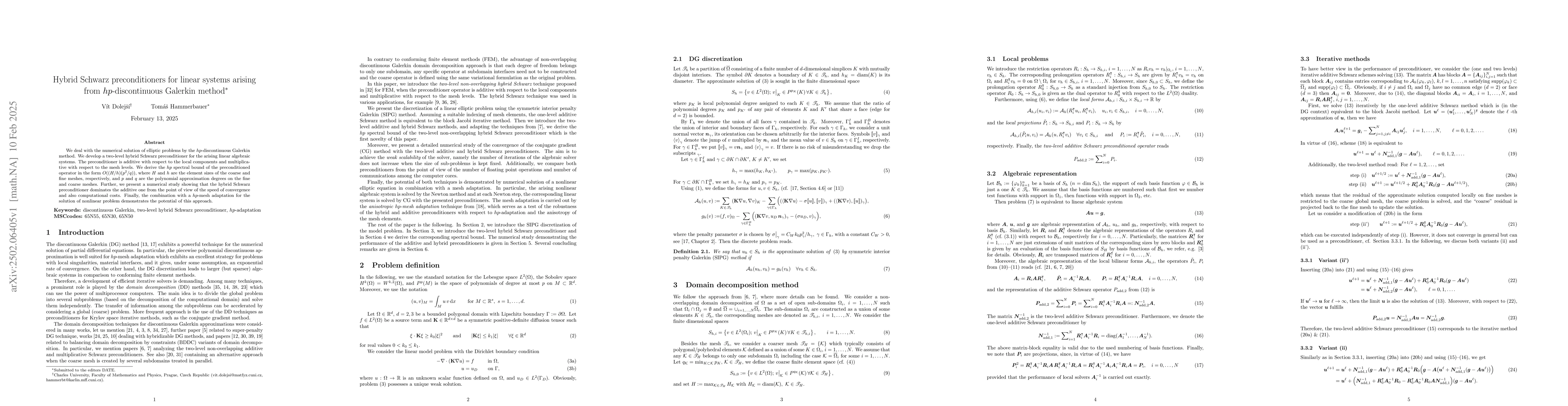 Thumbnail for Hybrid Schwarz preconditioners for linear systems arising from
  hp-discontinuous Galerkin method