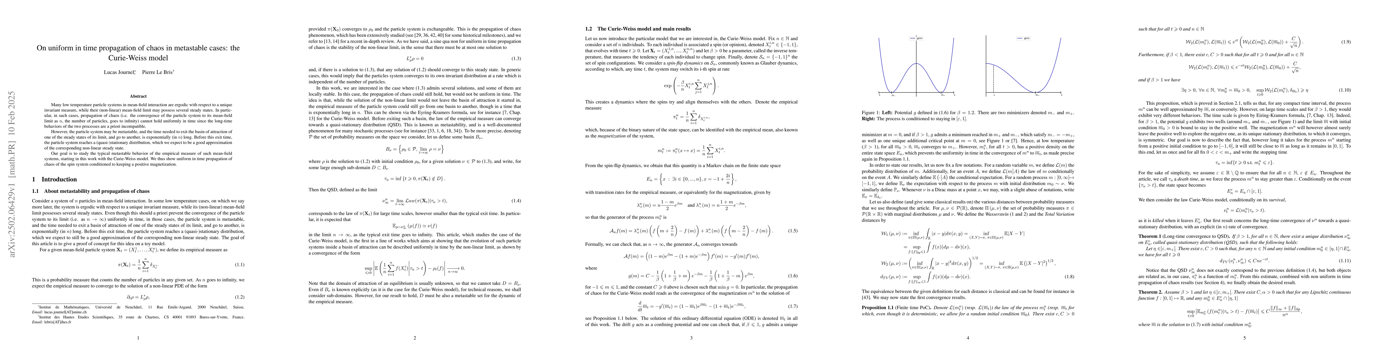 Thumbnail for On uniform in time propagation of chaos in metastable cases: the
  Curie-Weiss model