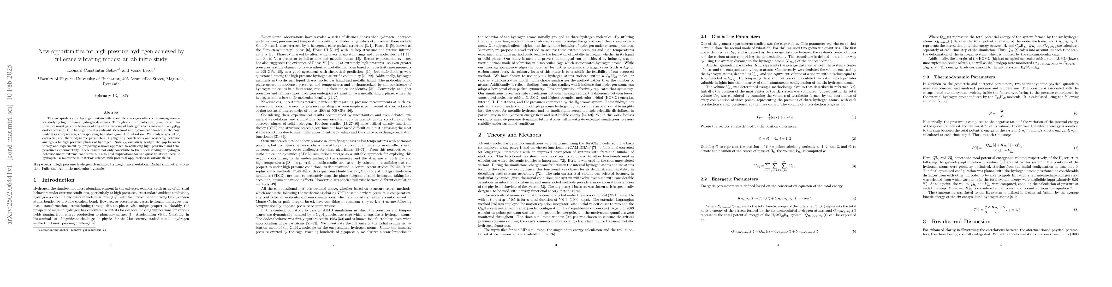 Thumbnail for New opportunities for high pressure hydrogen achieved by fullerane
  vibrating modes: an ab initio study