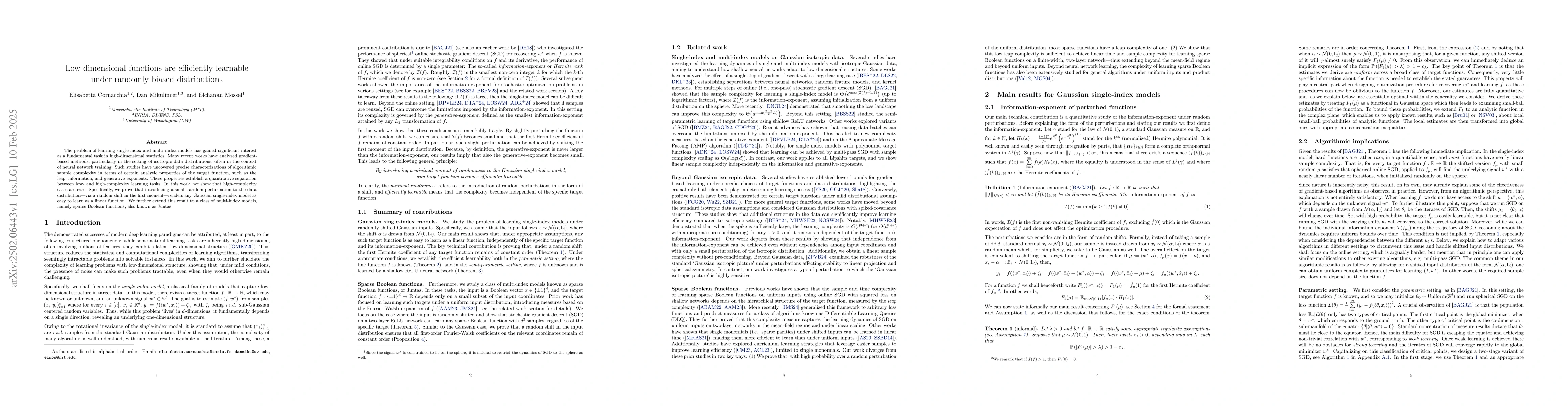 Thumbnail for Low-dimensional Functions are Efficiently Learnable under Randomly
  Biased Distributions