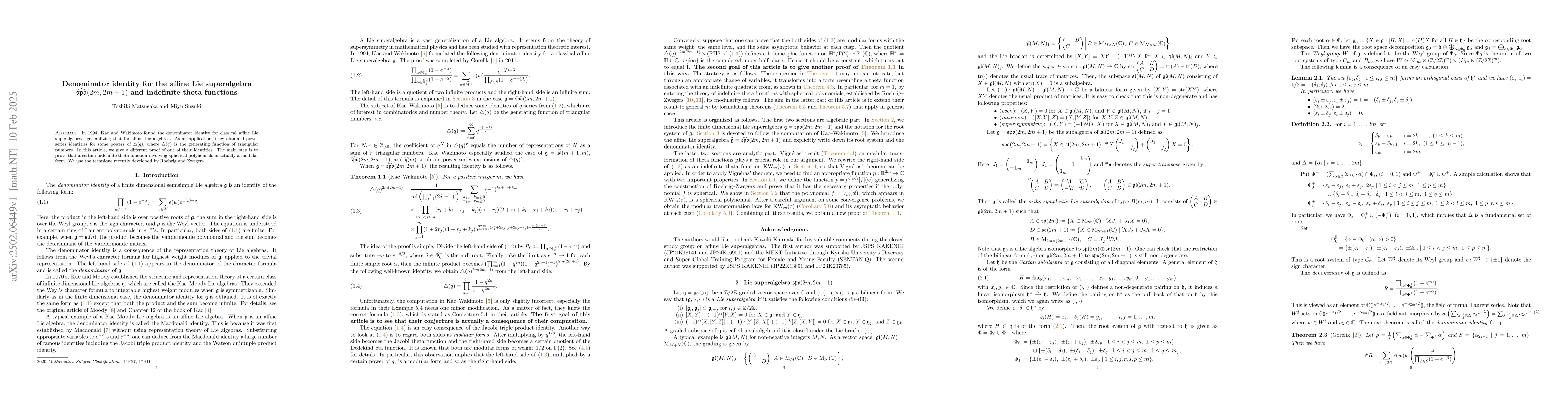 Thumbnail for Denominator identity for the affine Lie superalgebra
  $\widehat{\mathfrak{spo}}(2m,2m+1)$ and indefinite theta functions
