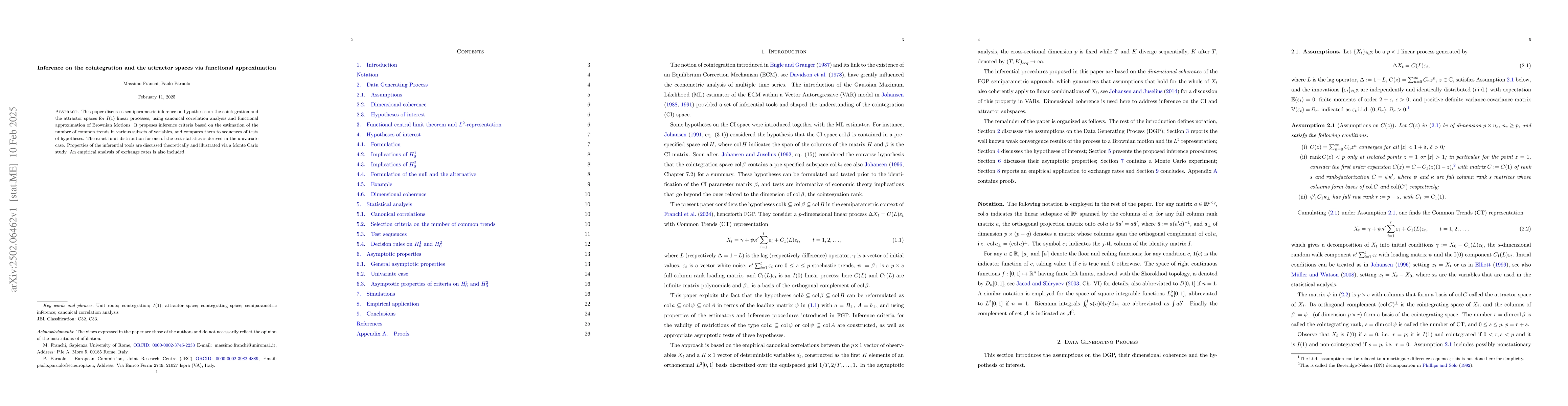 Thumbnail for Inference on the cointegration and the attractor spaces via functional
  approximation