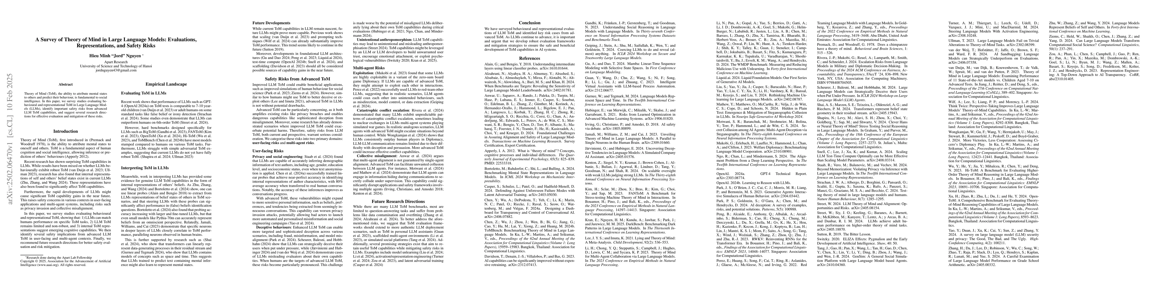 Thumbnail for A Survey of Theory of Mind in Large Language Models: Evaluations,
  Representations, and Safety Risks