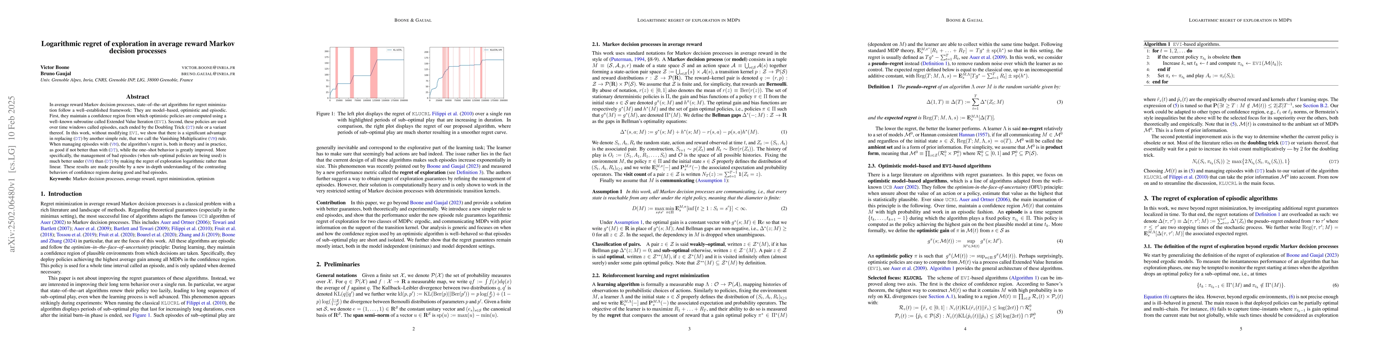 Thumbnail for Logarithmic Regret of Exploration in Average Reward Markov Decision
  Processes